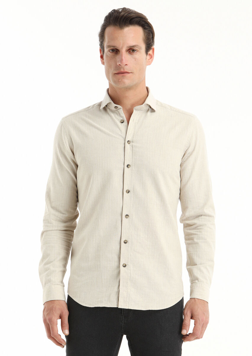 Beige Striped Regular Fit Long Weaving Casual 100% Cotton Shirt - 2