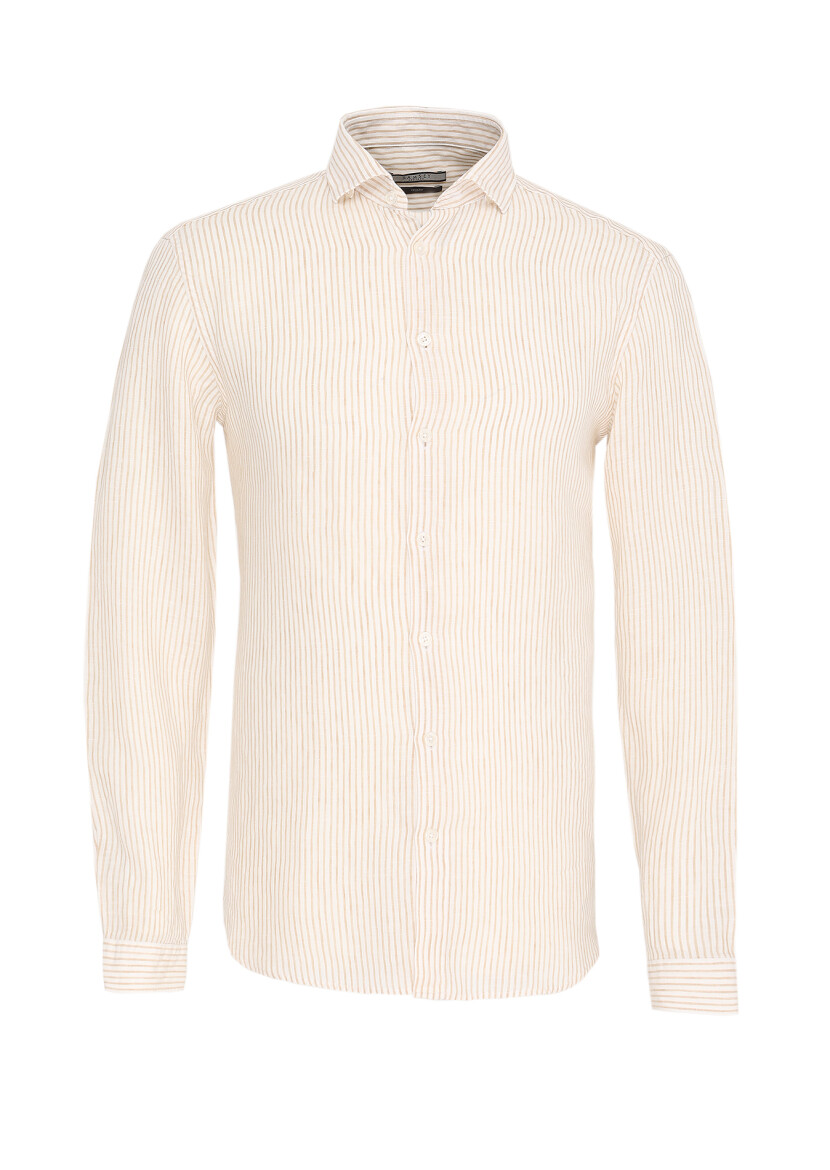 Beige Striped Regular Fit Long Weaving Casual 100% Linen Shirt - 1