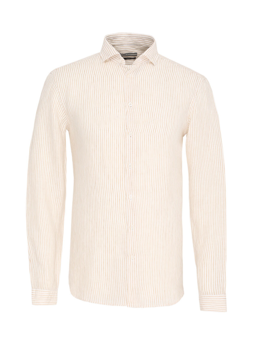 Beige Striped Regular Fit Long Weaving Casual 100% Linen Shirt - 1