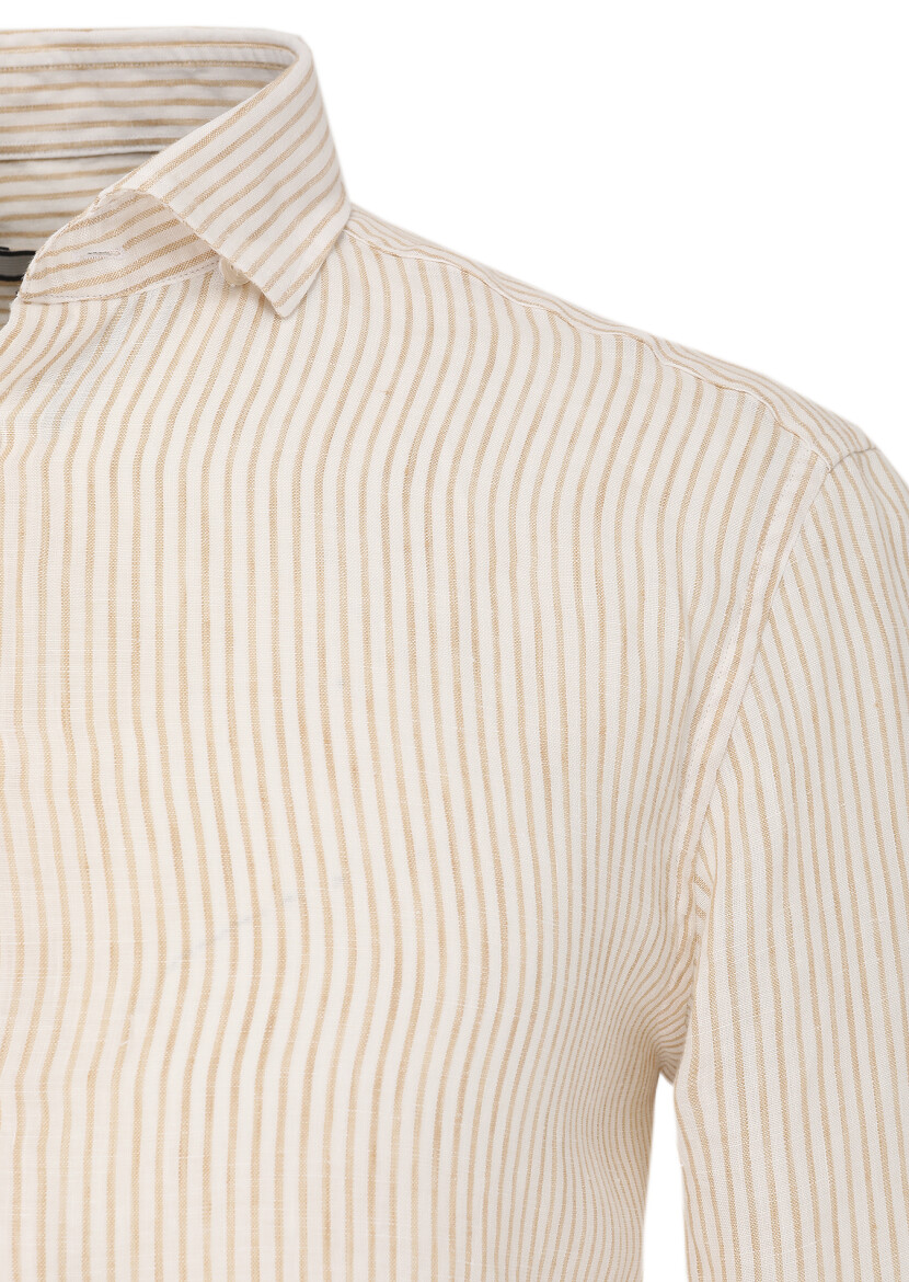 Beige Striped Regular Fit Long Weaving Casual 100% Linen Shirt 