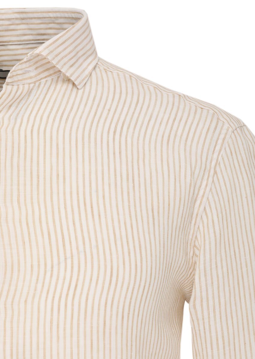 Beige Striped Regular Fit Long Weaving Casual 100% Linen Shirt - 2