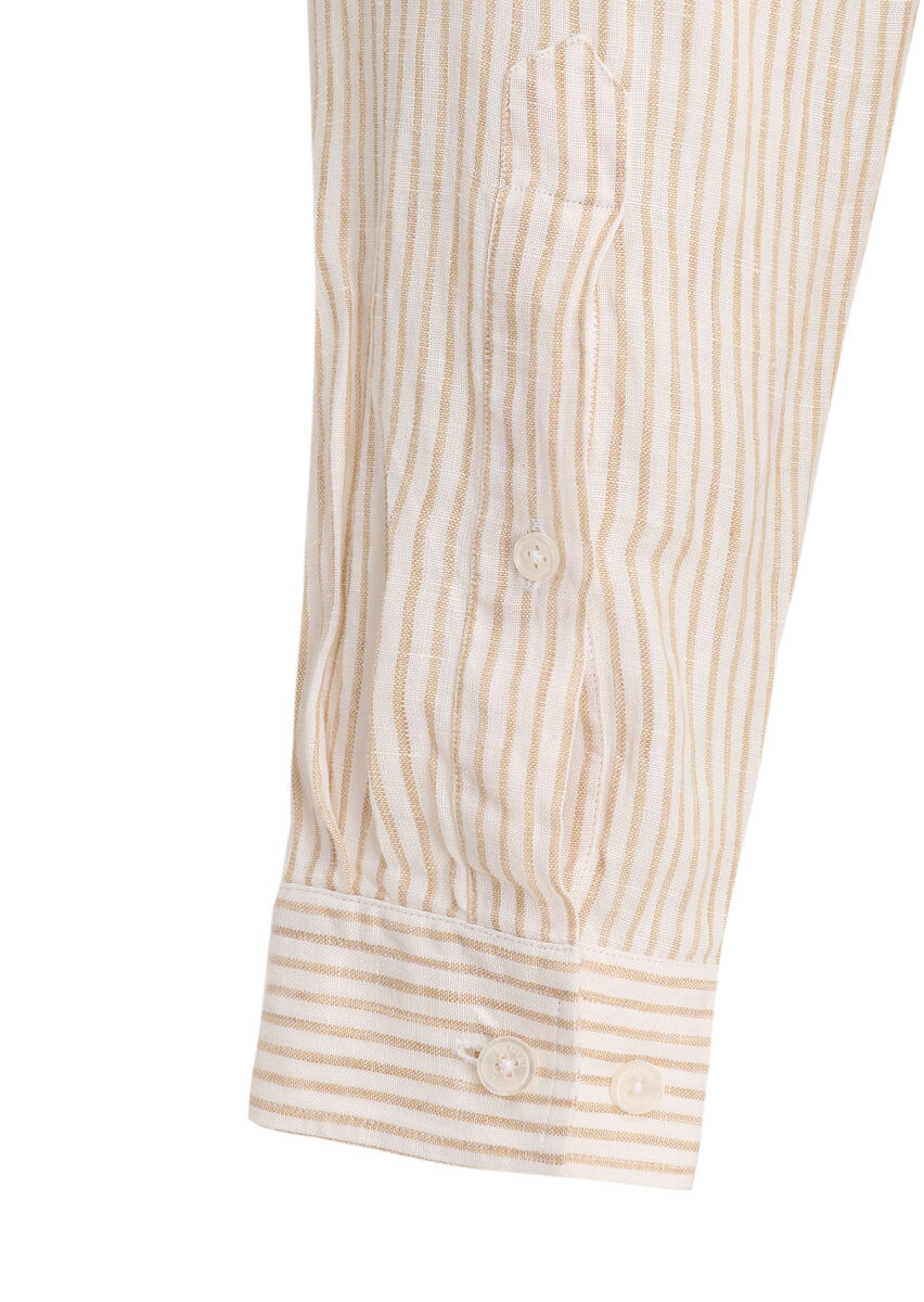 Beige Striped Regular Fit Long Weaving Casual 100% Linen Shirt - 4