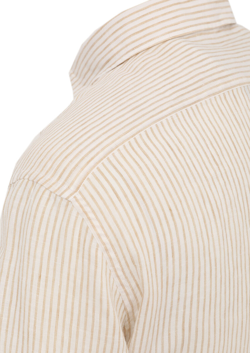 Beige Striped Regular Fit Long Weaving Casual 100% Linen Shirt - 5