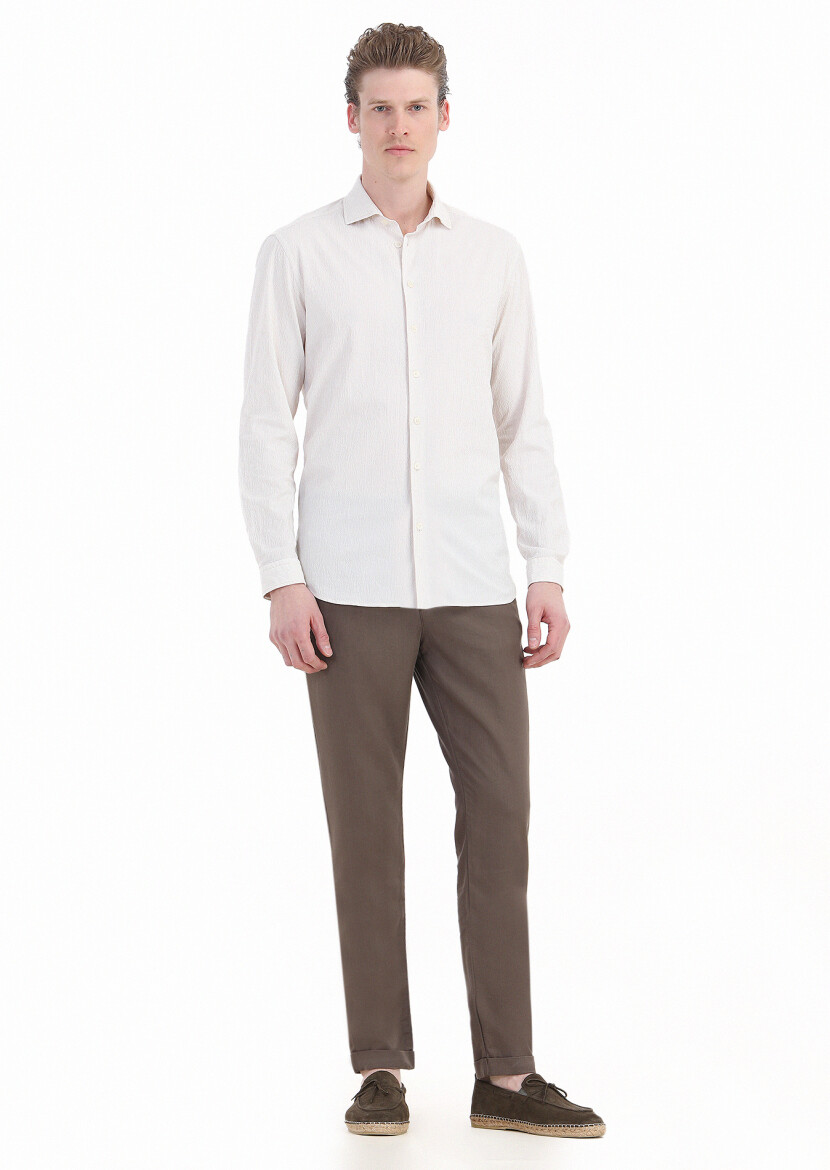 Beige Striped Regular Fit Long Weaving Casual Cotton Blended Shirt 