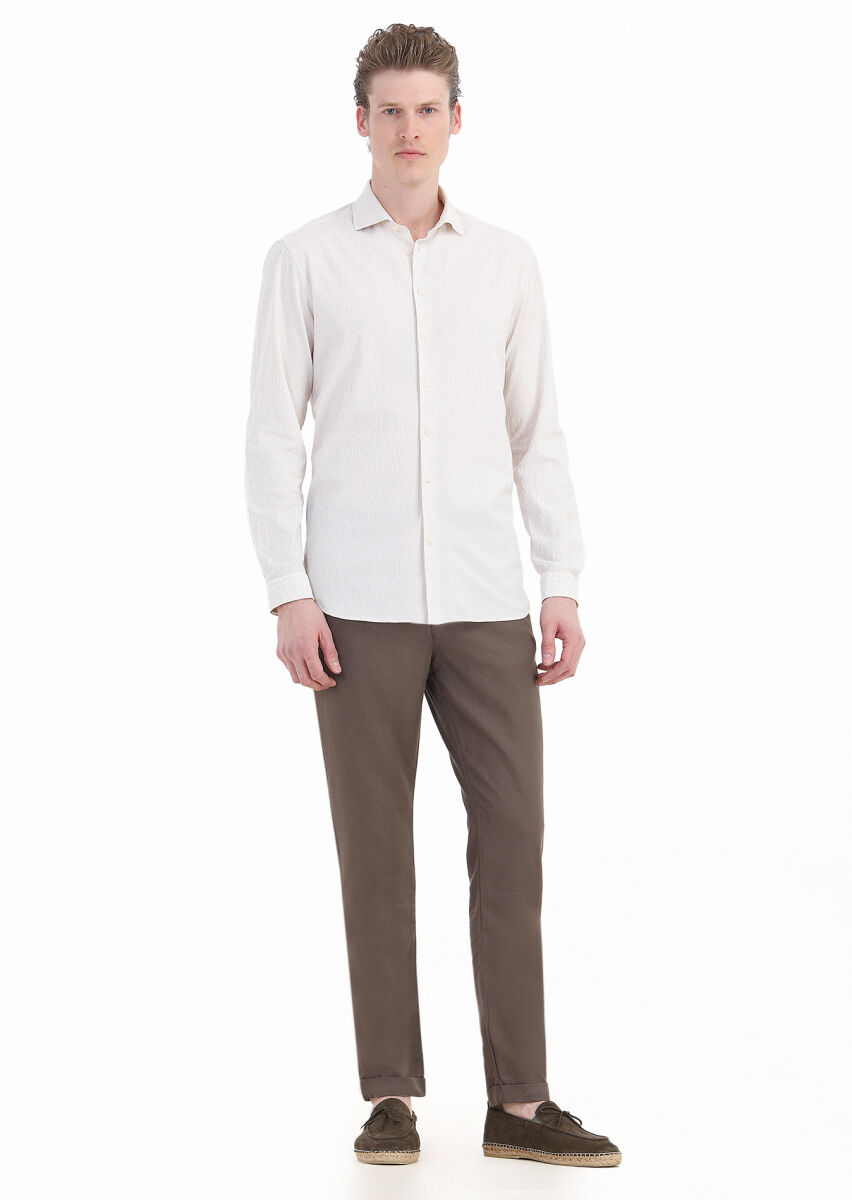 Beige Striped Regular Fit Long Weaving Casual Cotton Blended Shirt - 2