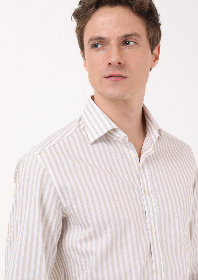 Beige Striped Regular Fit Long Weaving Classical 100% Cotton Shirt - 1