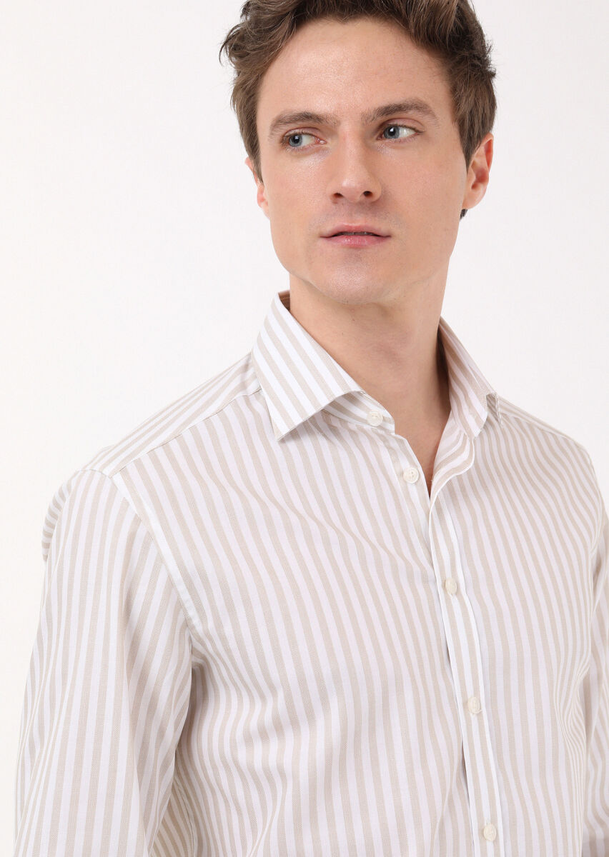 Beige Striped Regular Fit Long Weaving Classical 100% Cotton Shirt - 1