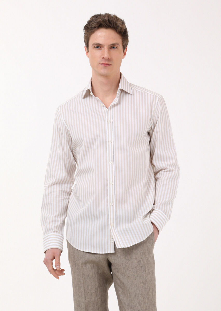 Beige Striped Regular Fit Long Weaving Classical 100% Cotton Shirt - 2