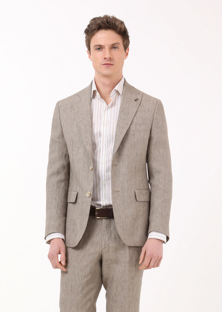 Beige Striped Regular Fit Long Weaving Classical 100% Cotton Shirt - 4