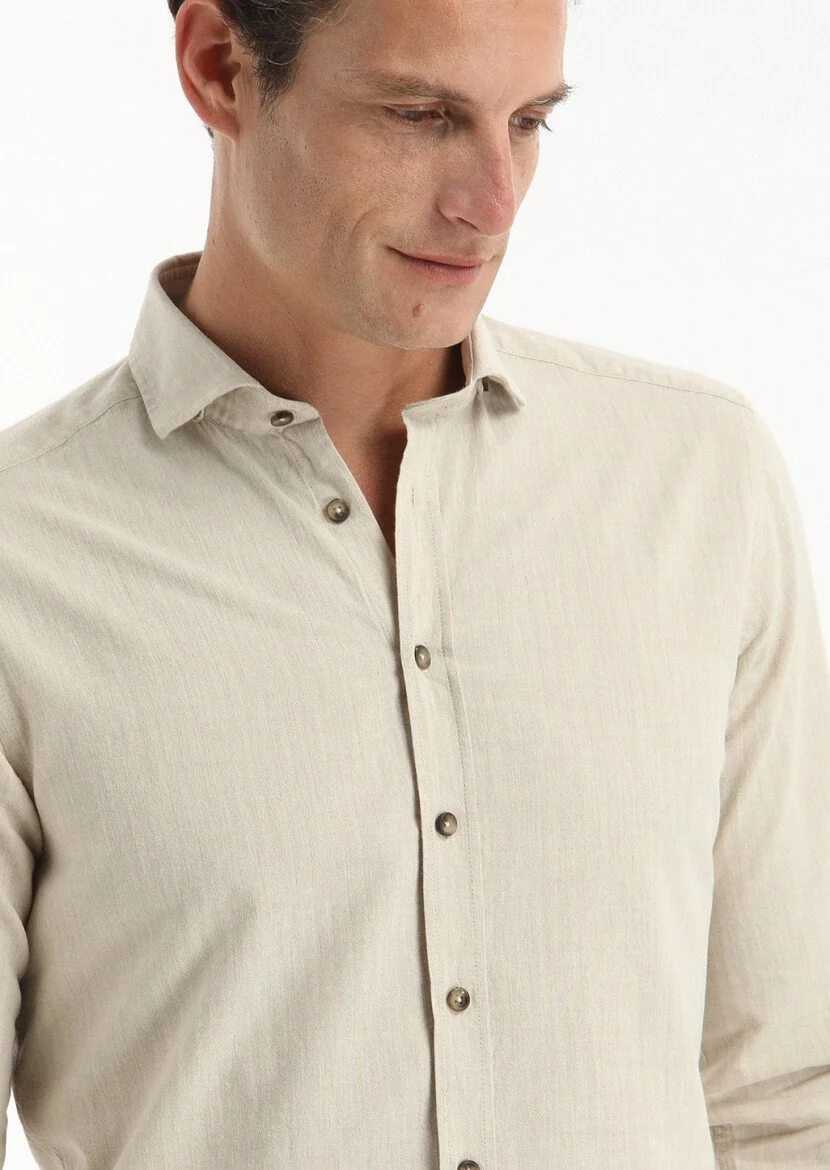 Beige Striped Regular Fit Weaving Casual 100% Cotton Shirt - 3
