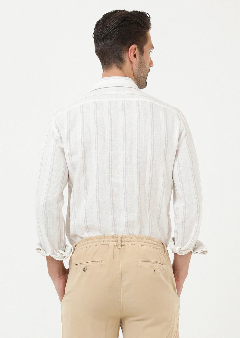 Beige Striped Regular Fit Weaving Casual Cotton Blended Shirt - 4