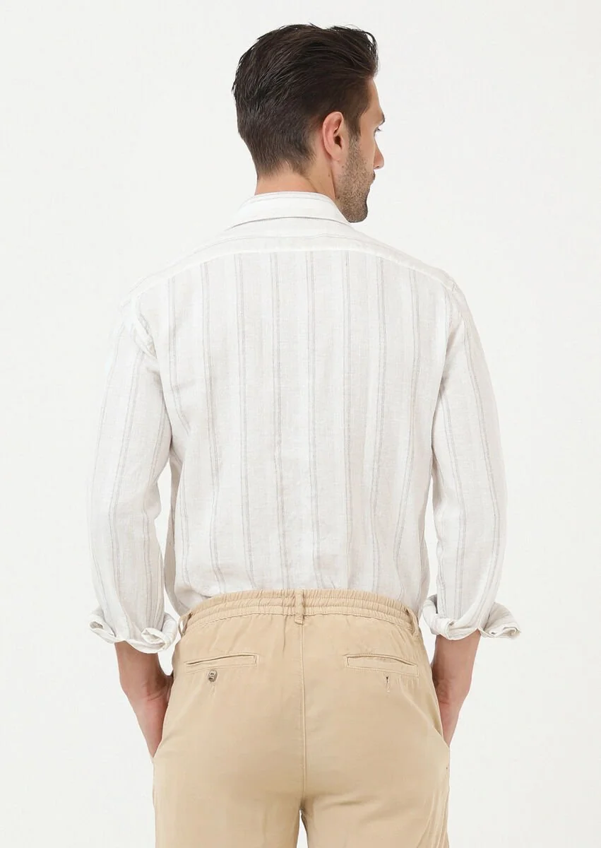 Beige Striped Regular Fit Weaving Casual Cotton Blended Shirt - 4