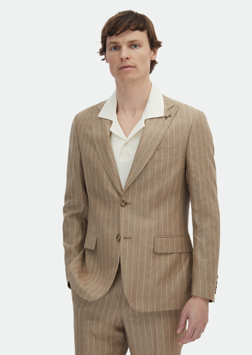 Beige Striped Zeroweight Slim Fit 100% Linen Suit - 1