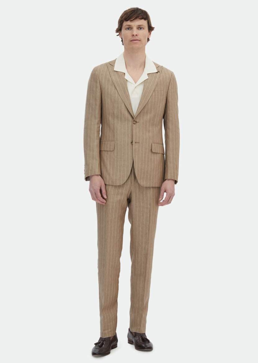 Beige Striped Zeroweight Slim Fit 100% Linen Suit - 2