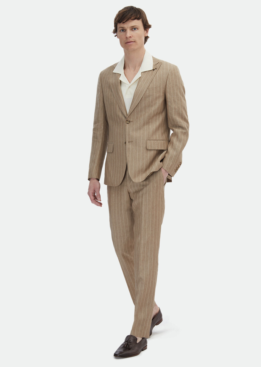 Beige Striped Zeroweight Slim Fit 100% Linen Suit - 3