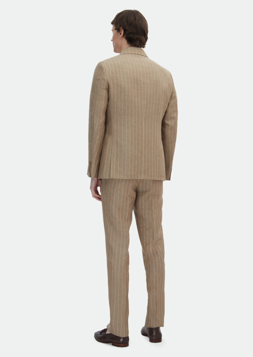 Beige Striped Zeroweight Slim Fit 100% Linen Suit - 7