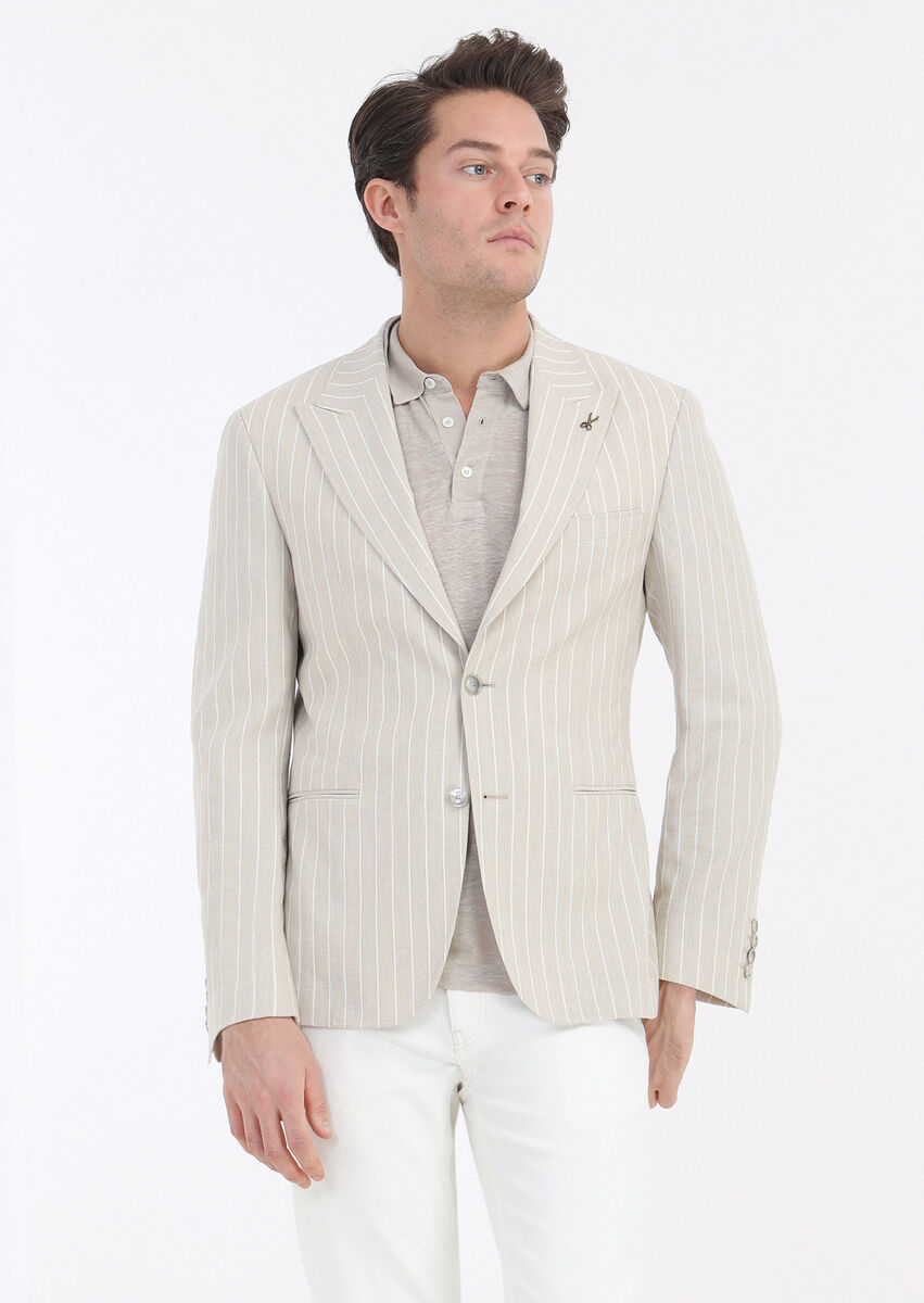 Beige Striped Zeroweight Slim Fit Cotton Blended Jacket - 2