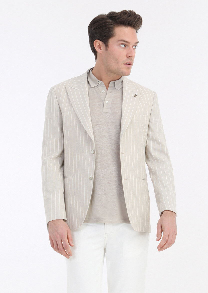 Beige Striped Zeroweight Slim Fit Cotton Blended Jacket - 3