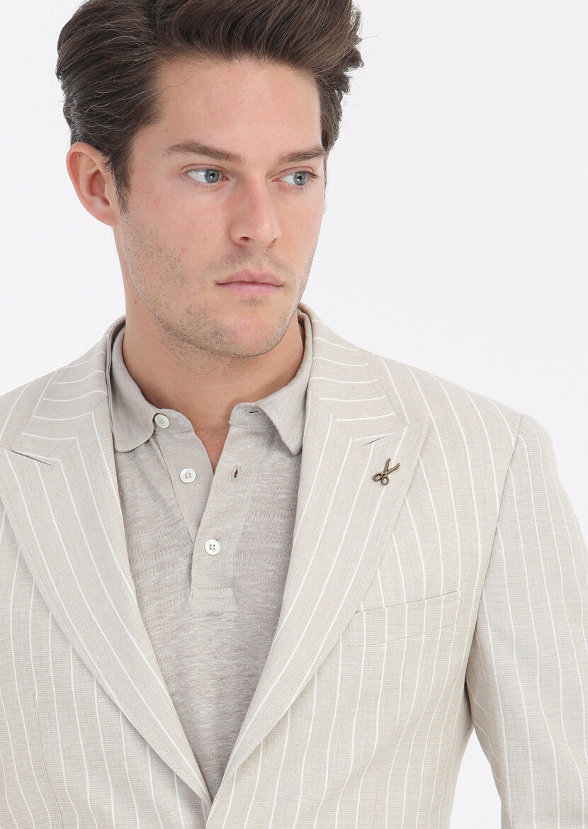 Beige Striped Zeroweight Slim Fit Cotton Blended Jacket - 4