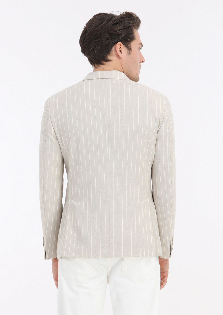 Beige Striped Zeroweight Slim Fit Cotton Blended Jacket - 6