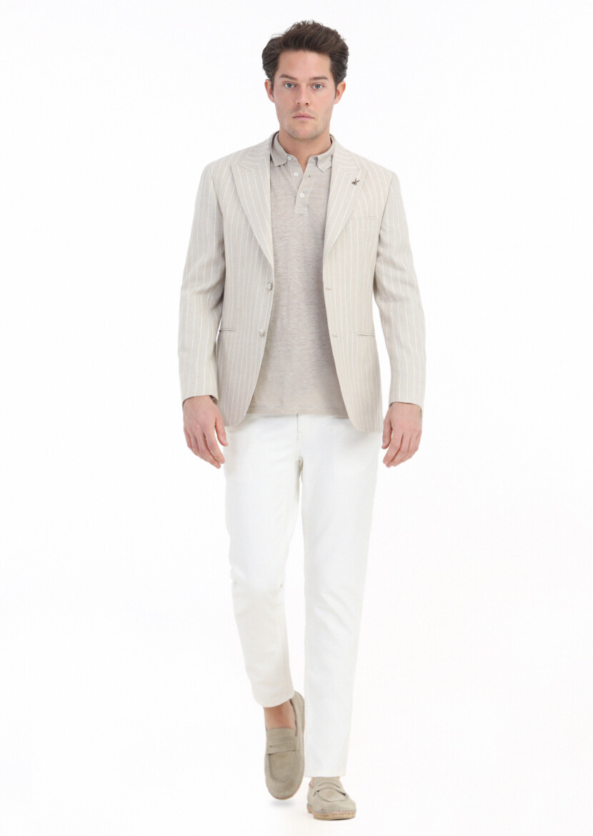 Beige Striped Zeroweight Slim Fit Cotton Blended Jacket 