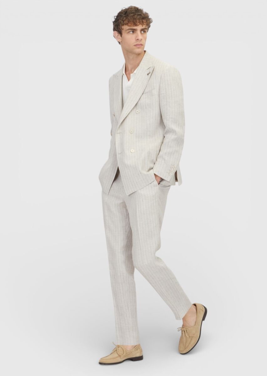 Beige Striped Zeroweight Slim Fit Cotton Blended Suit - 2