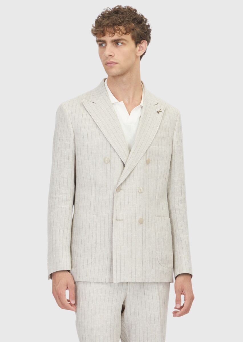 Beige Striped Zeroweight Slim Fit Cotton Blended Suit - 3