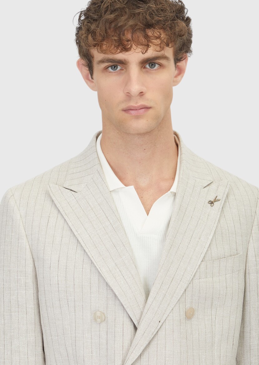 Beige Striped Zeroweight Slim Fit Cotton Blended Suit - 4