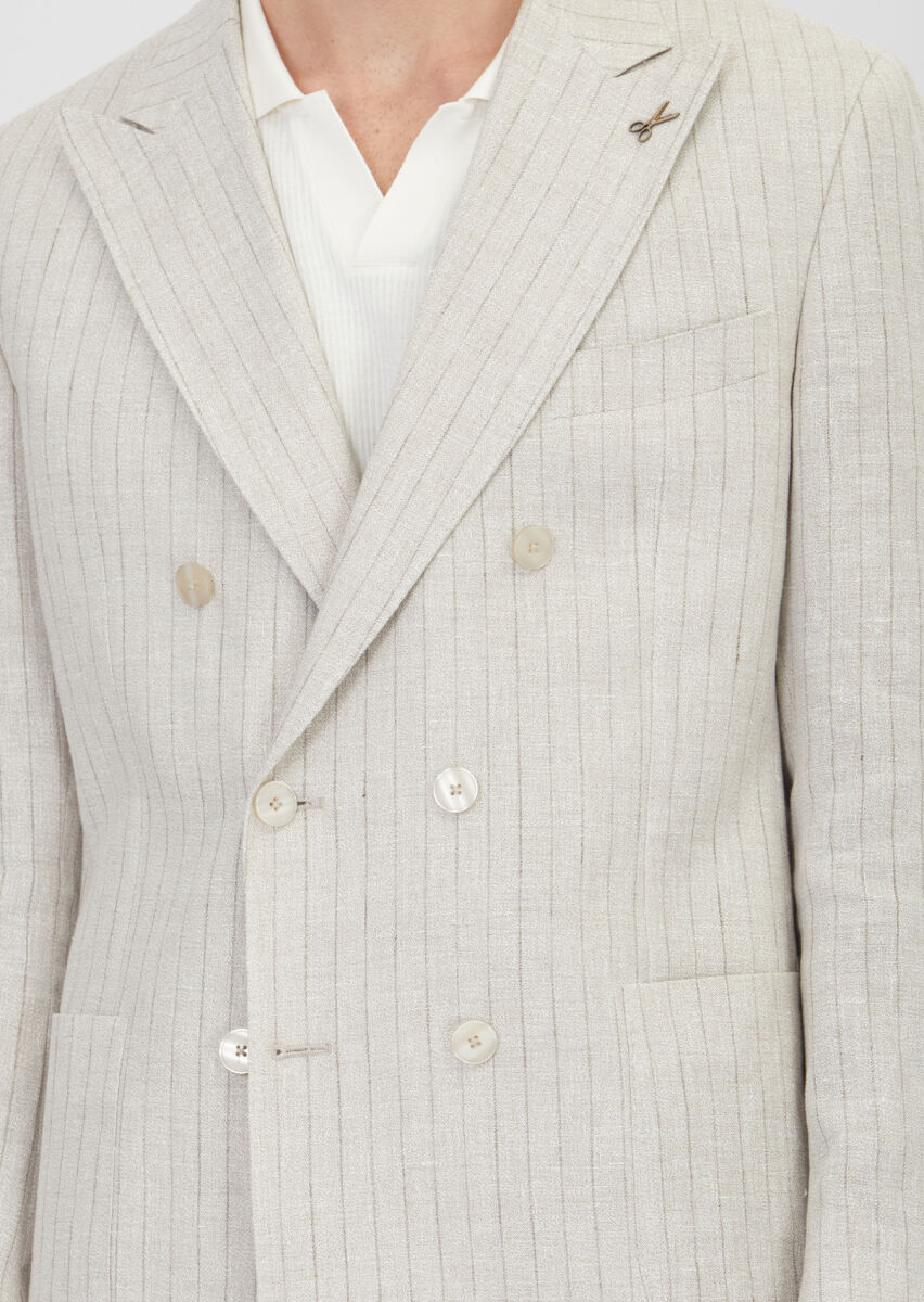 Beige Striped Zeroweight Slim Fit Cotton Blended Suit - 5
