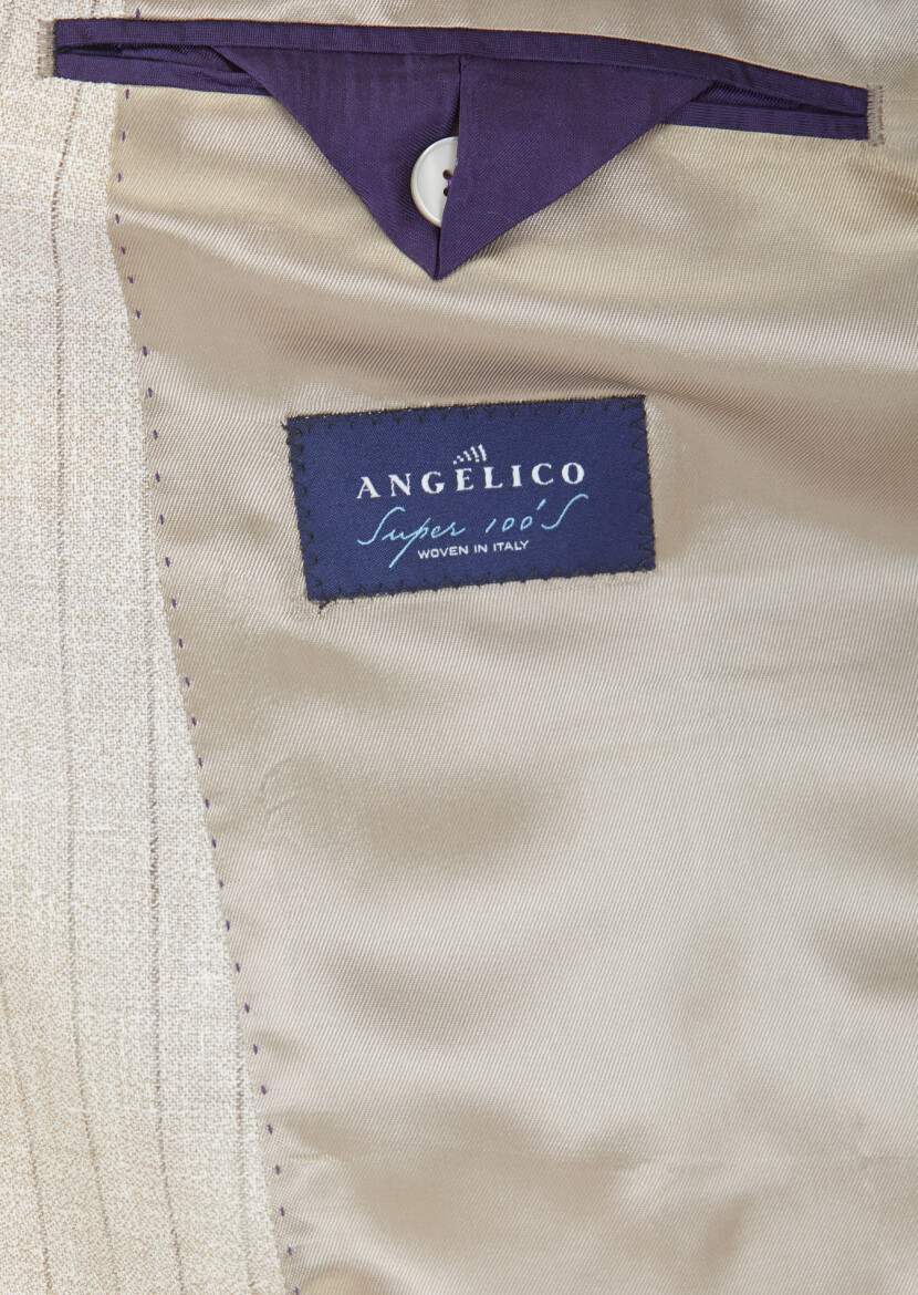 Beige Striped Zeroweight Slim Fit Cotton Blended Suit - 6