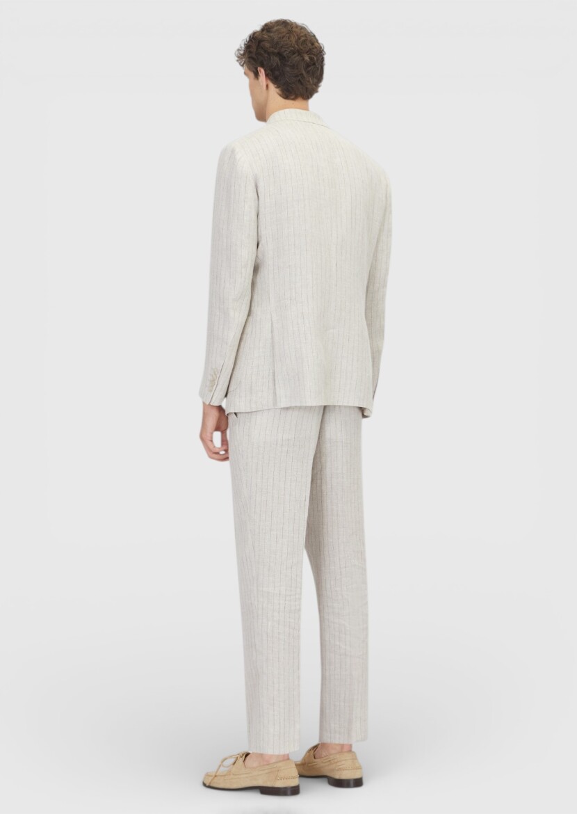 Beige Striped Zeroweight Slim Fit Cotton Blended Suit - 7