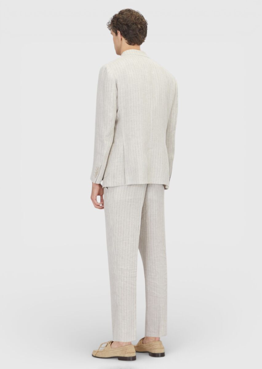 Beige Striped Zeroweight Slim Fit Cotton Blended Suit - 7