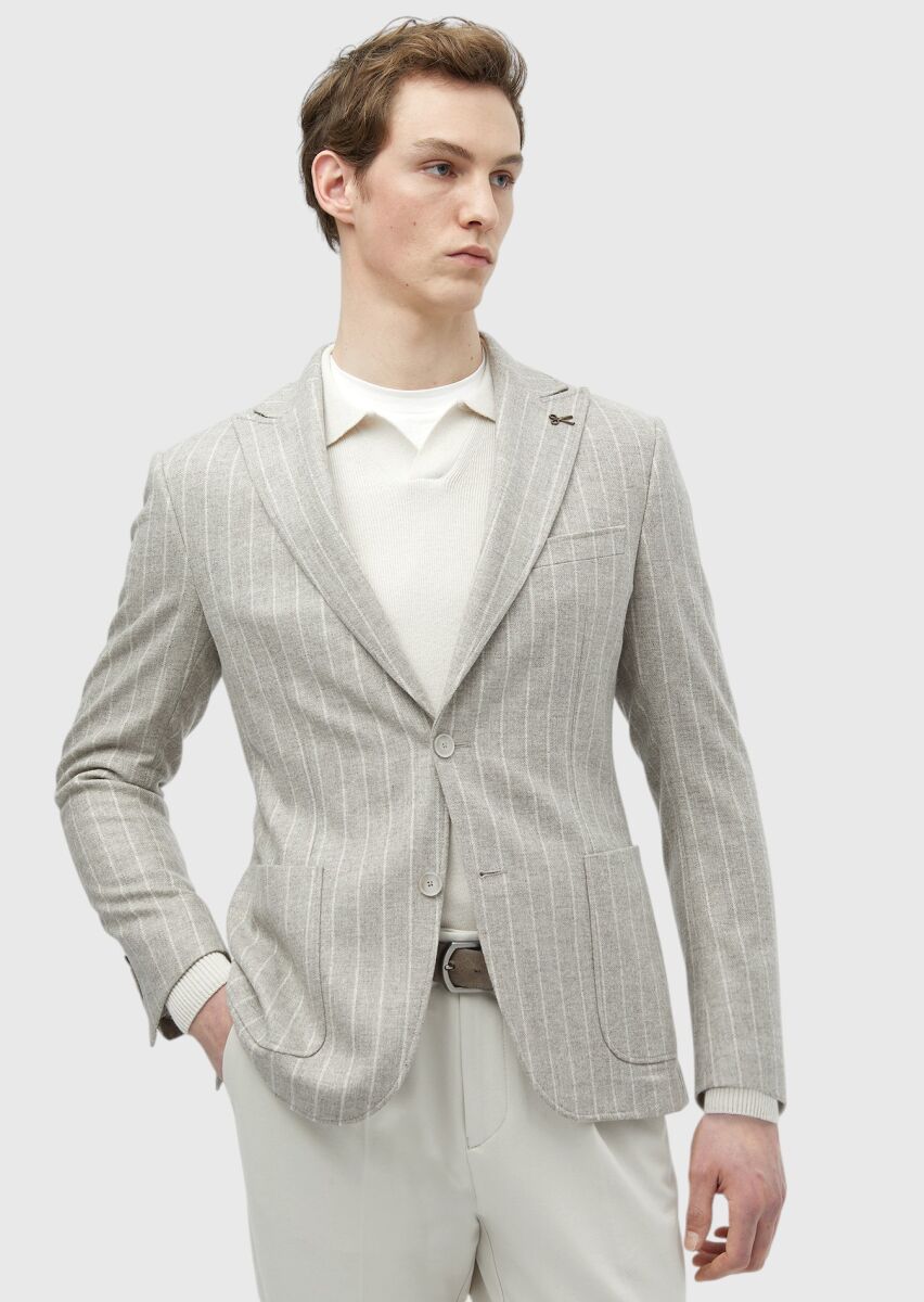 Beige Striped Zeroweight Slim Fit Wool Blended Jacket - 1