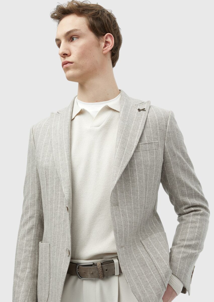 Beige Striped Zeroweight Slim Fit Wool Blended Jacket - 3