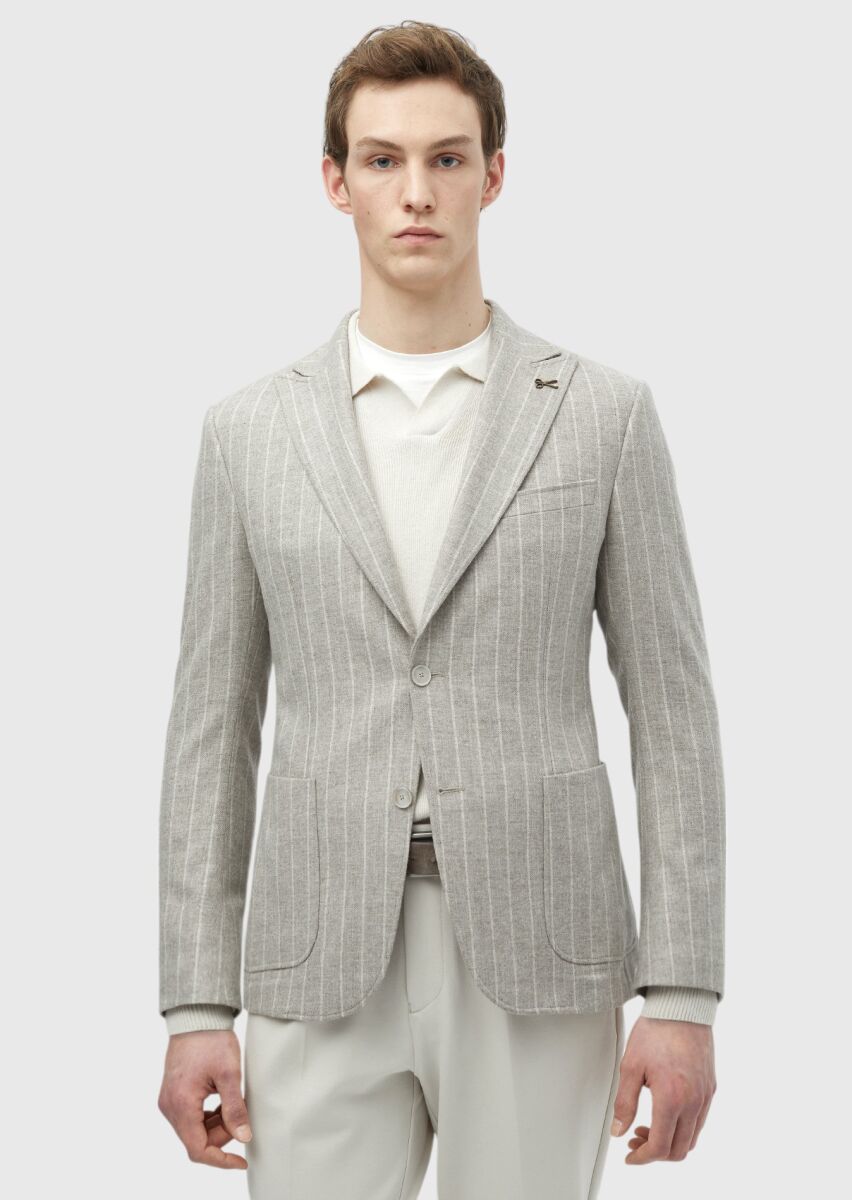 Beige Striped Zeroweight Slim Fit Wool Blended Jacket - 4