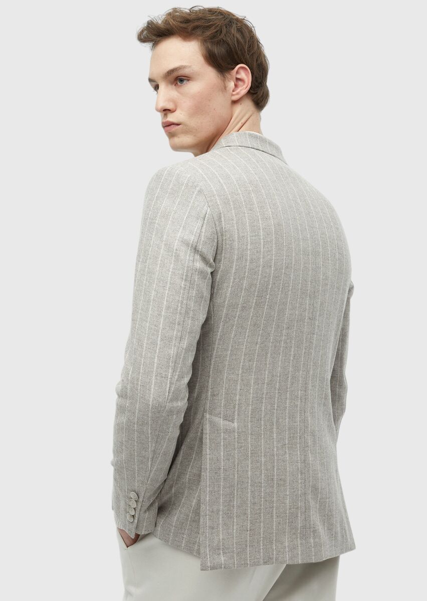 Beige Striped Zeroweight Slim Fit Wool Blended Jacket - 7