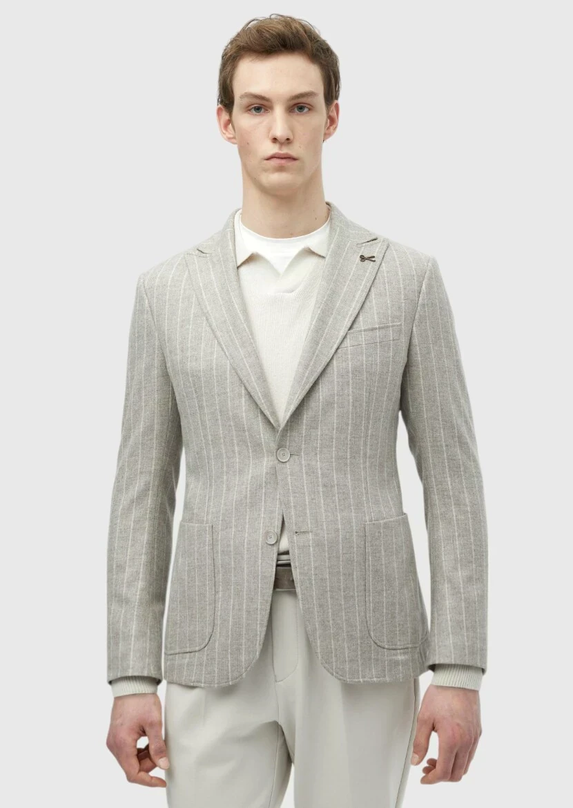 Beige Striped Zeroweight Slim Fit Wool Blended Jacket - 4