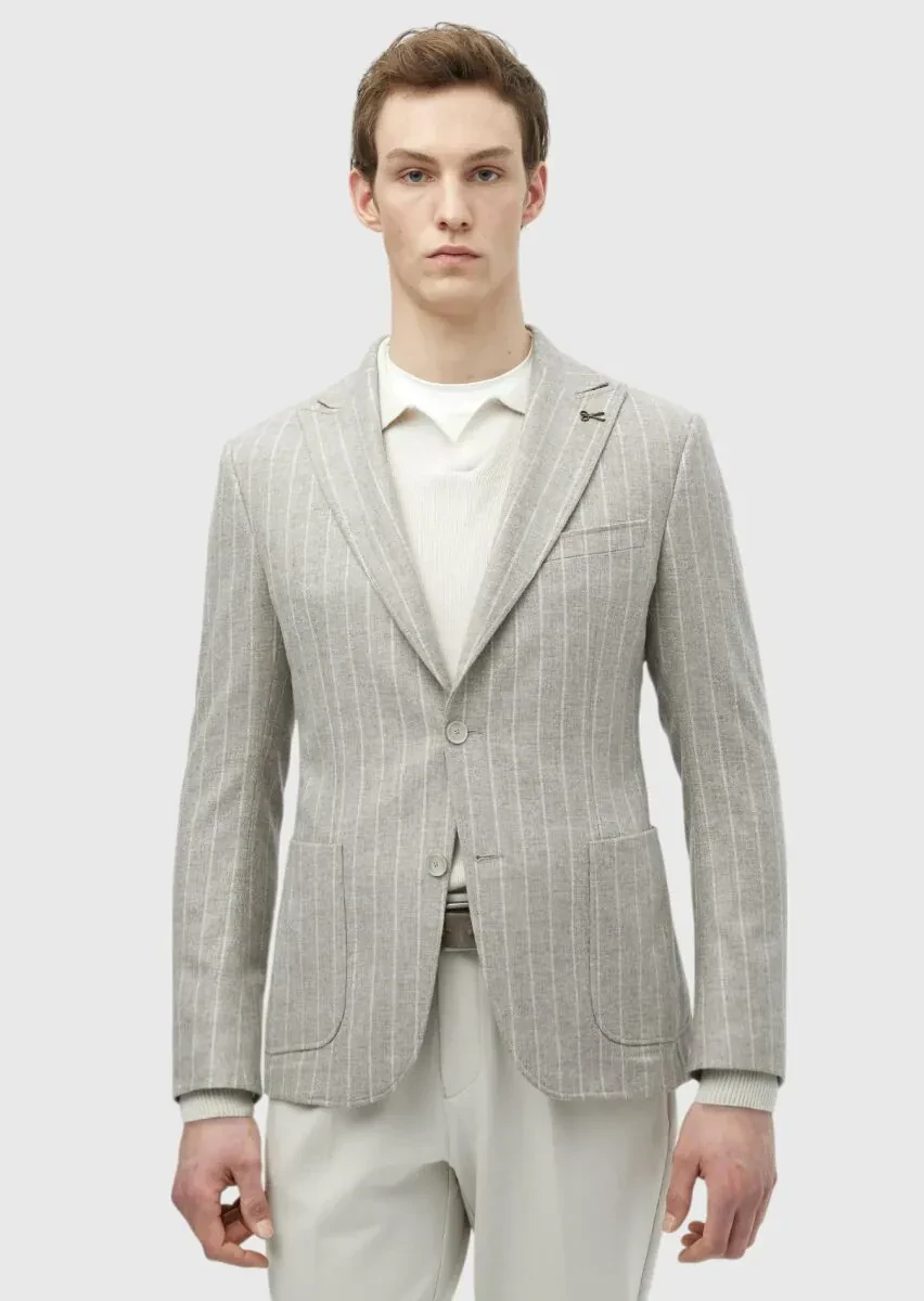 Beige Striped Zeroweight Slim Fit Wool Blended Jacket - 4