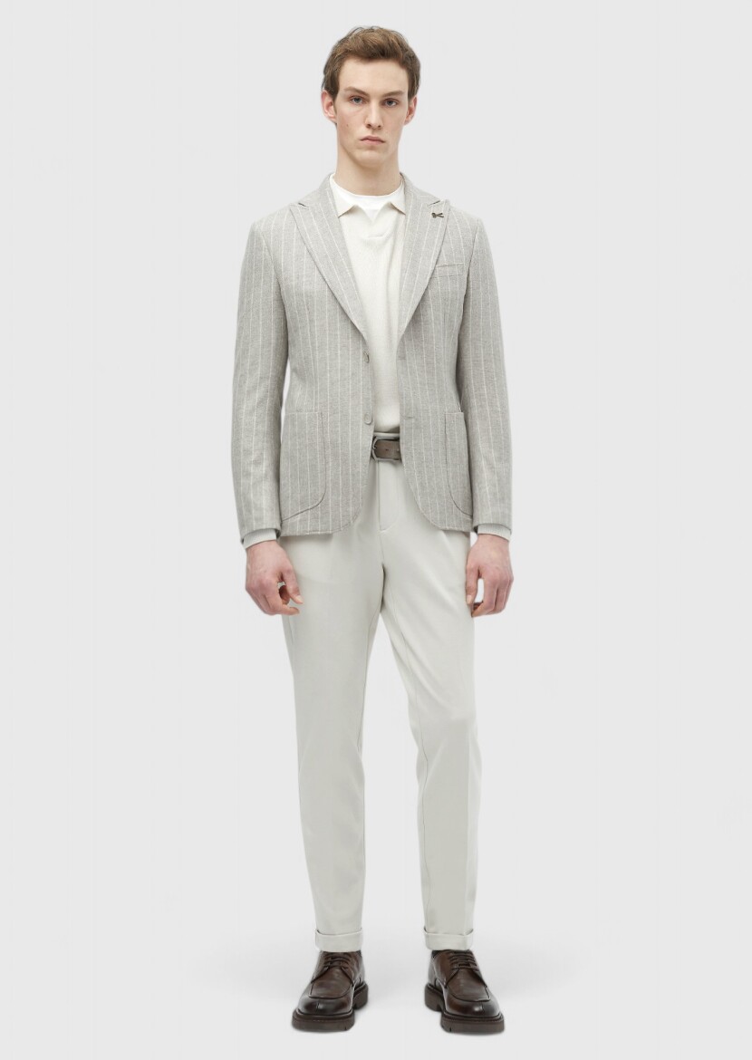 Beige Striped Zeroweight Slim Fit Wool Blended Jacket - RAMSEY