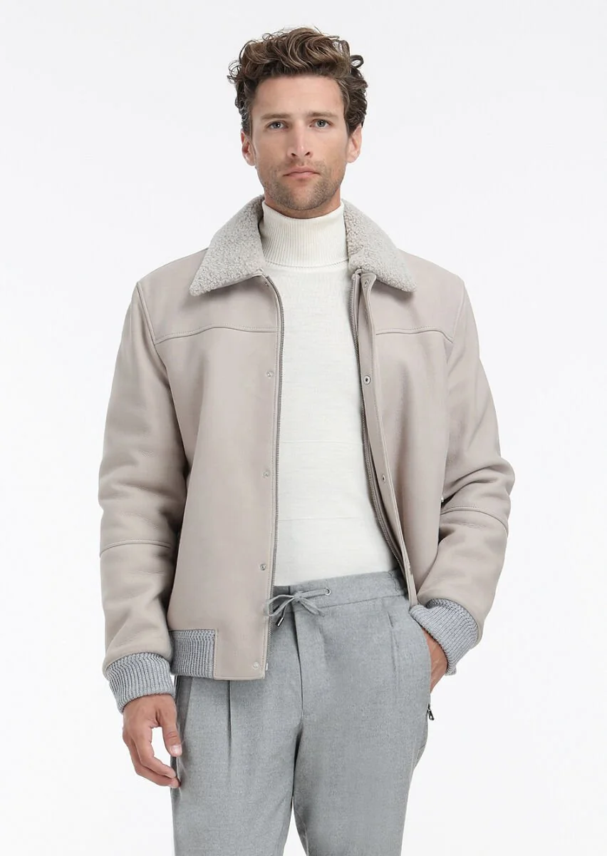 Beige Suede Leather Coat - 1