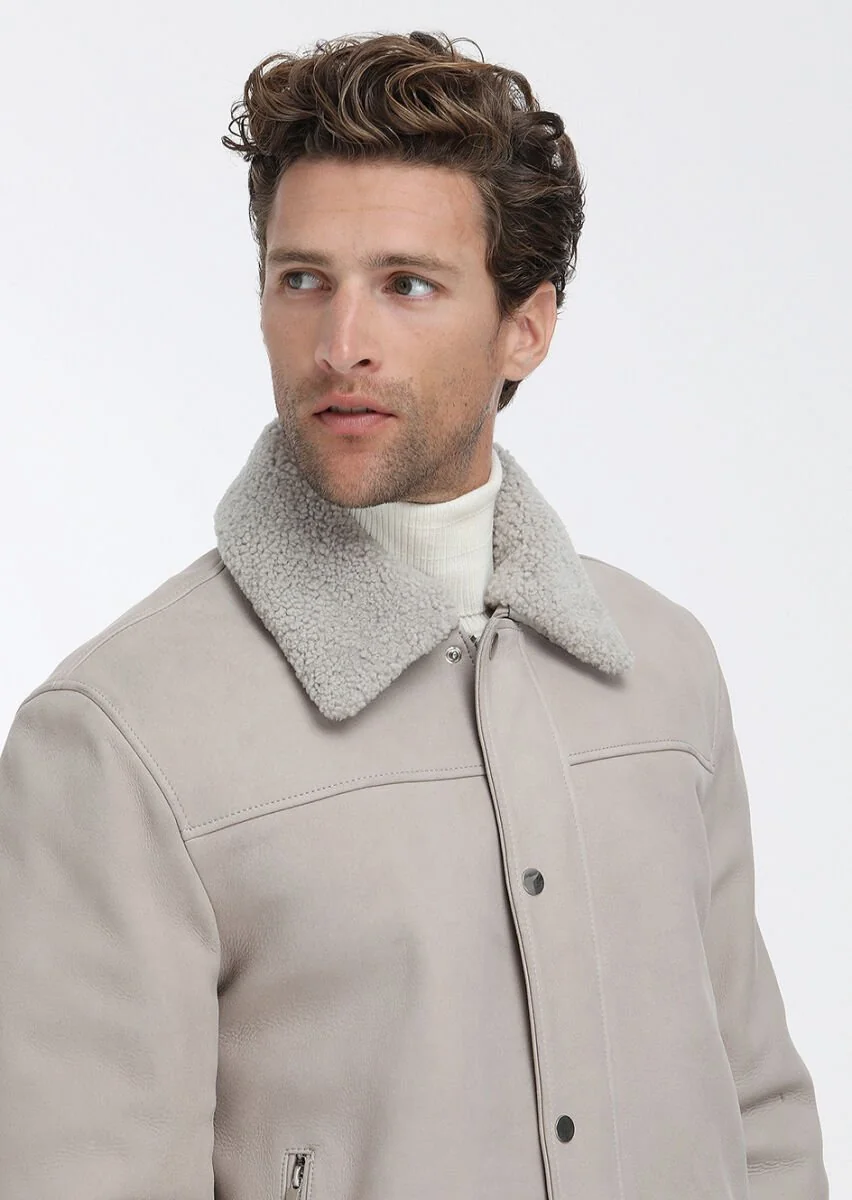 Beige Suede Leather Coat - 4