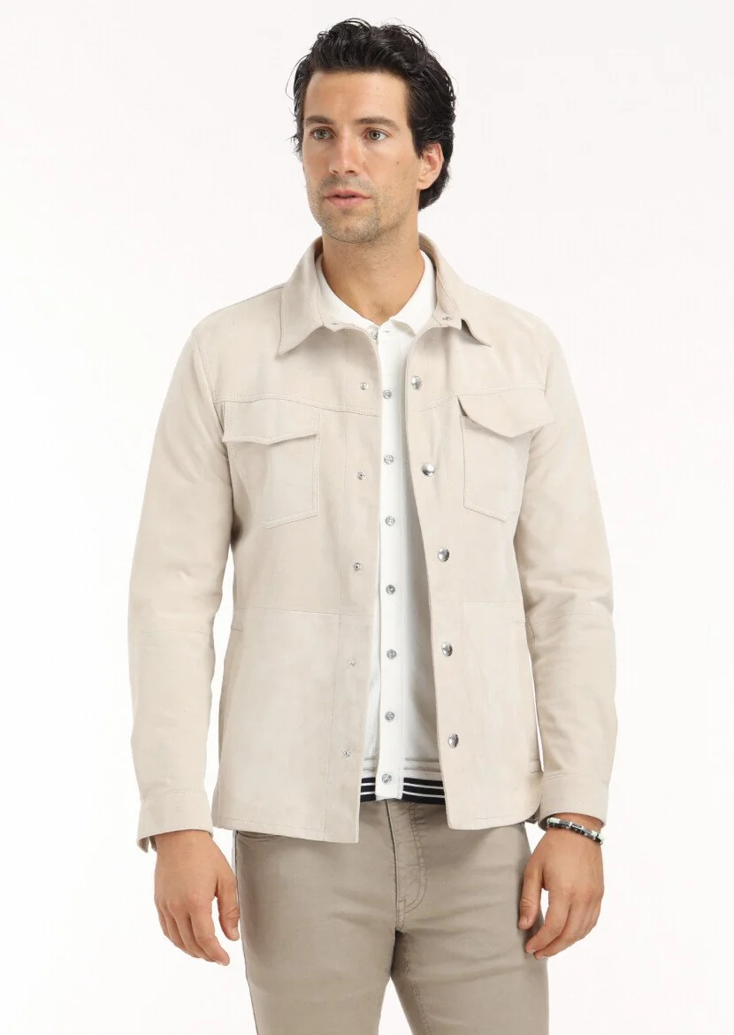 Beige Suede Leather Coat - 3