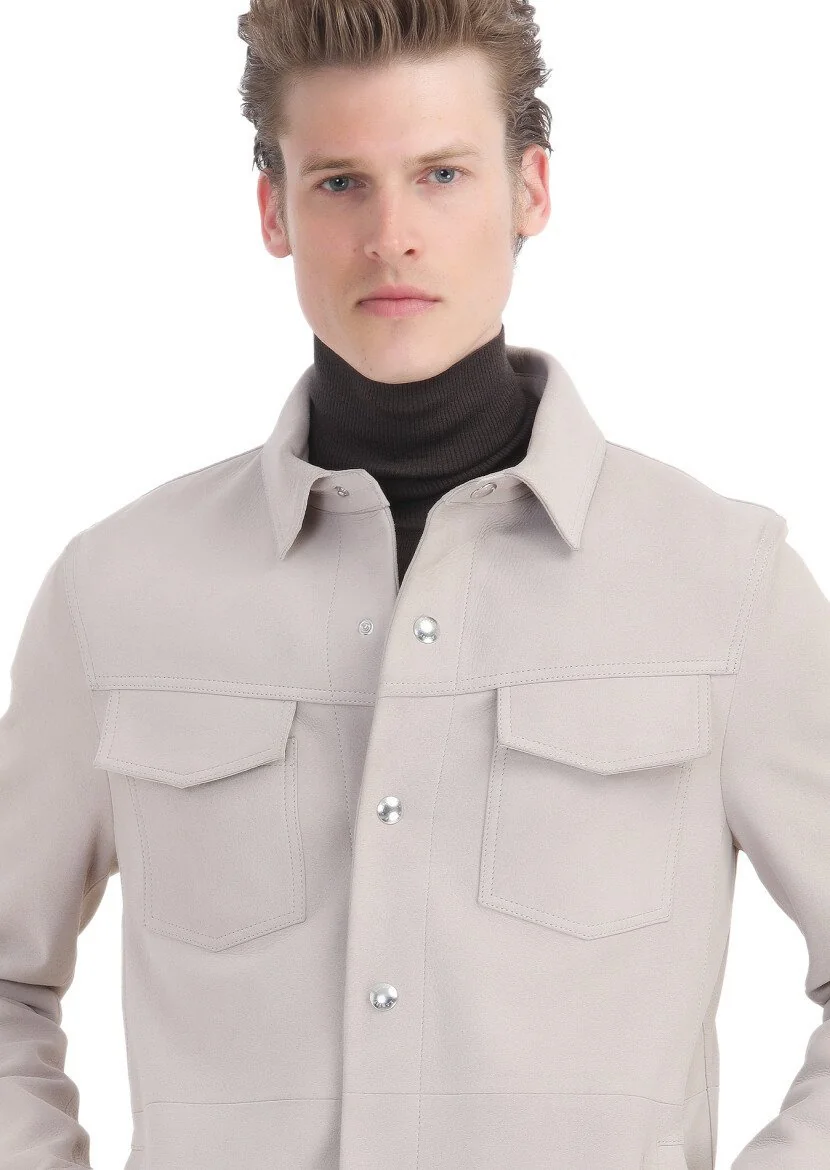 Beige Suede Leather Coat - 4