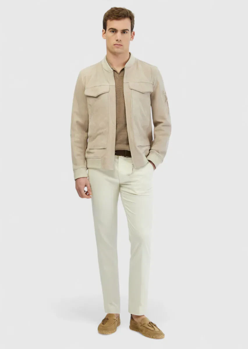 Beige Turtleneck Casual Leather Coat - 2