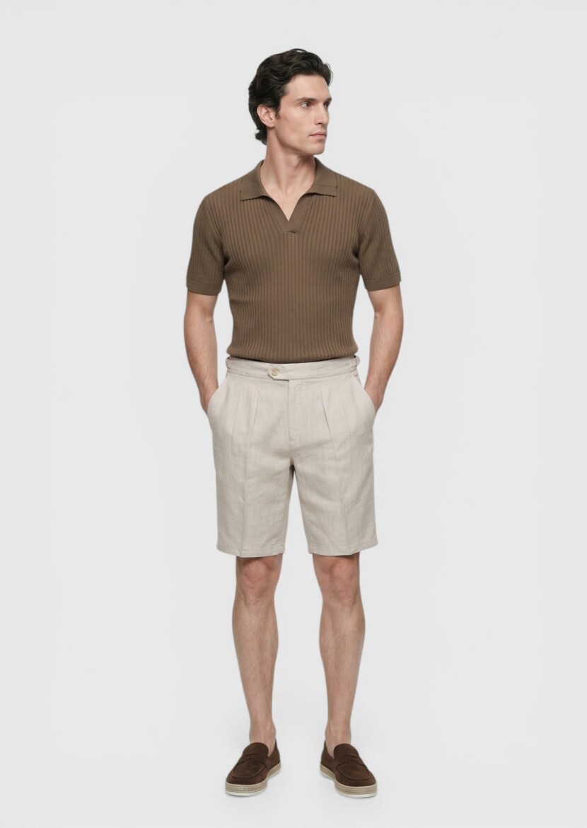 Beige Weaving Carrot Fit Casual 100% Linen Bermuda - 3