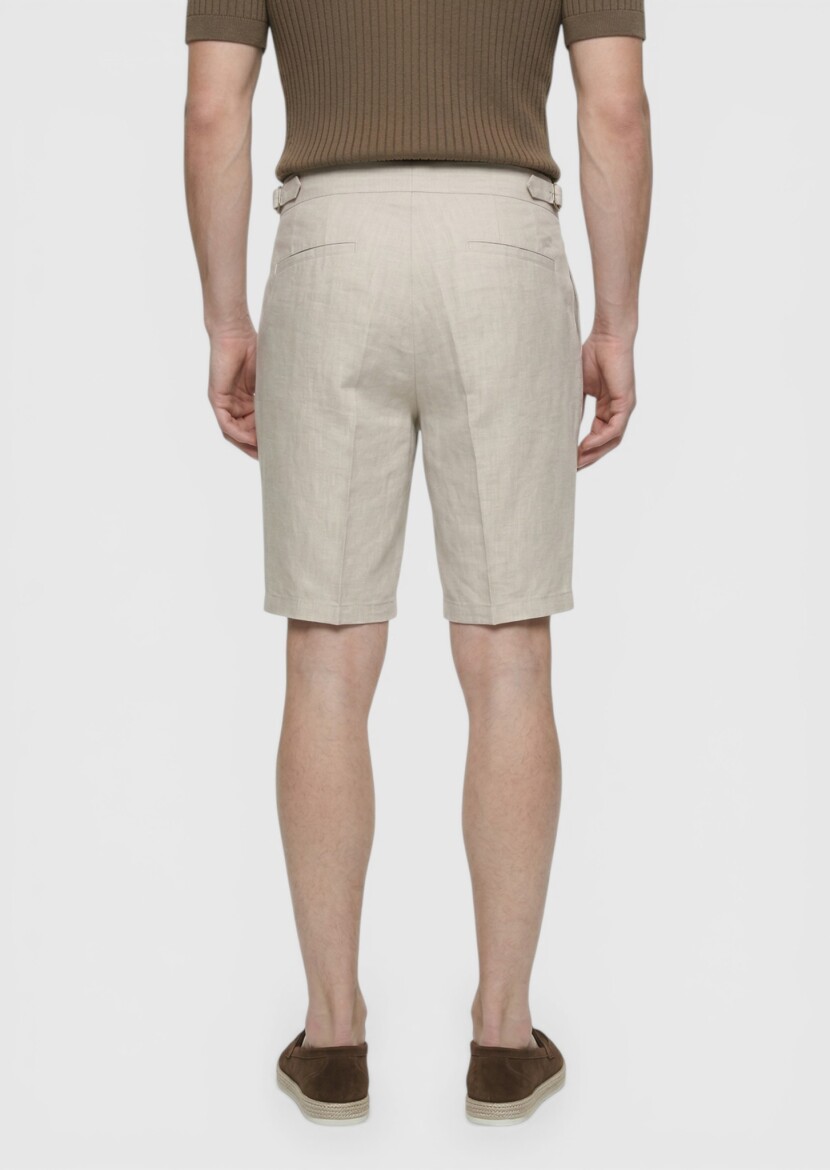 Beige Weaving Carrot Fit Casual 100% Linen Bermuda - 4