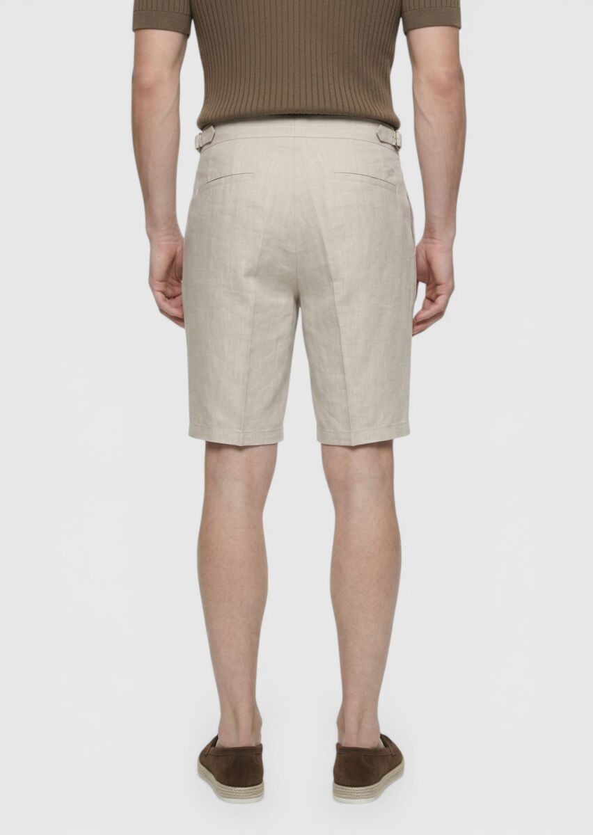 Beige Weaving Carrot Fit Casual 100% Linen Bermuda - 4