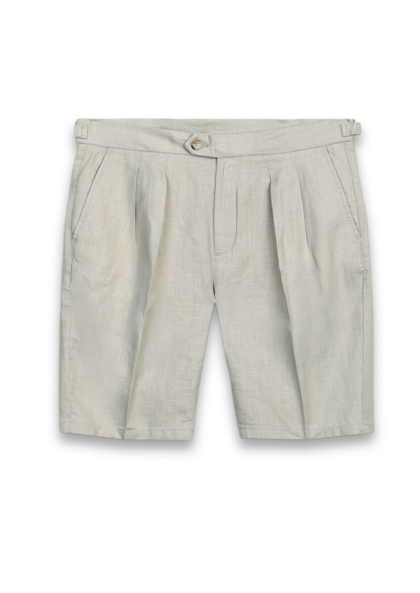 Beige Weaving Carrot Fit Casual 100% Linen Bermuda - 5