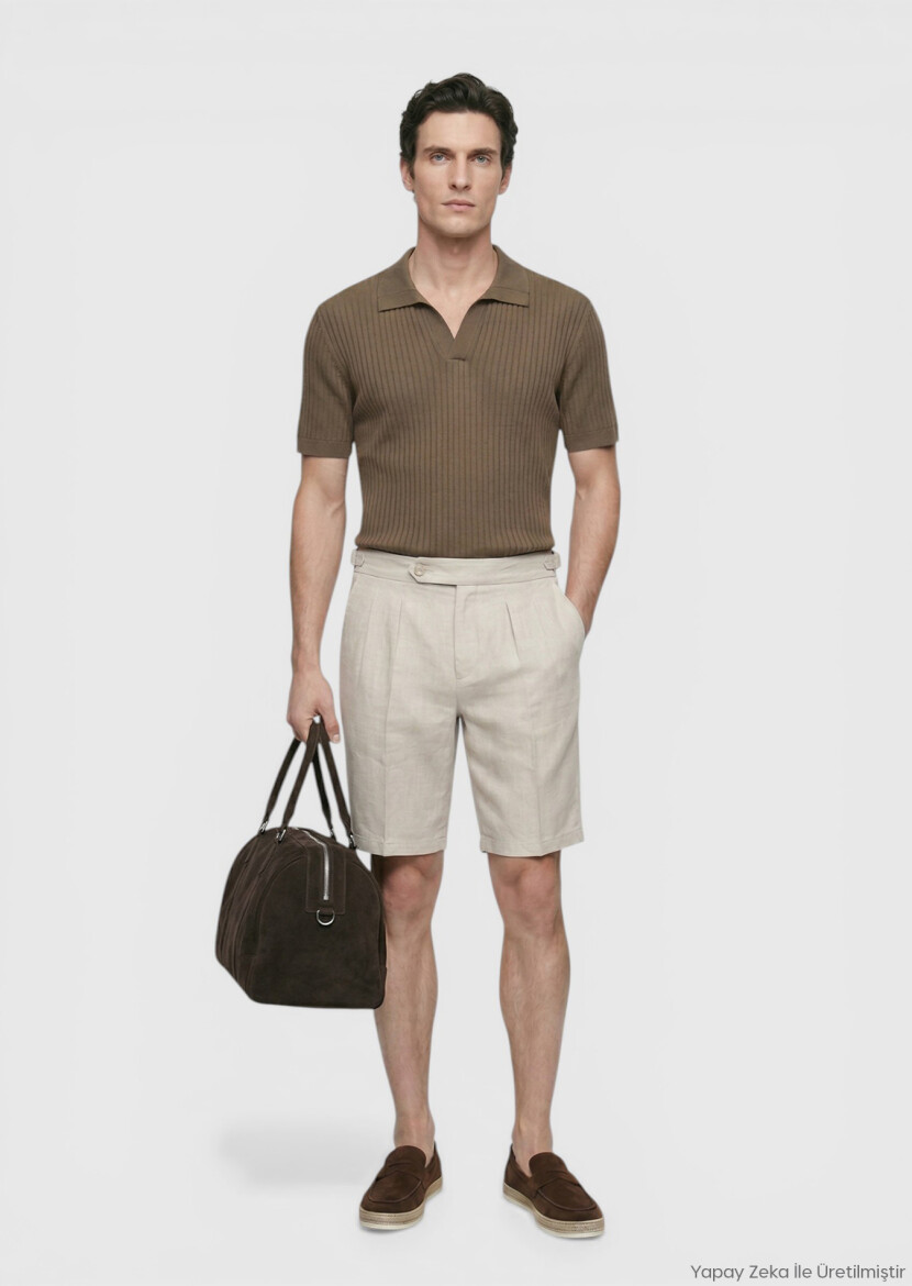 Beige Weaving Carrot Fit Casual 100% Linen Bermuda 