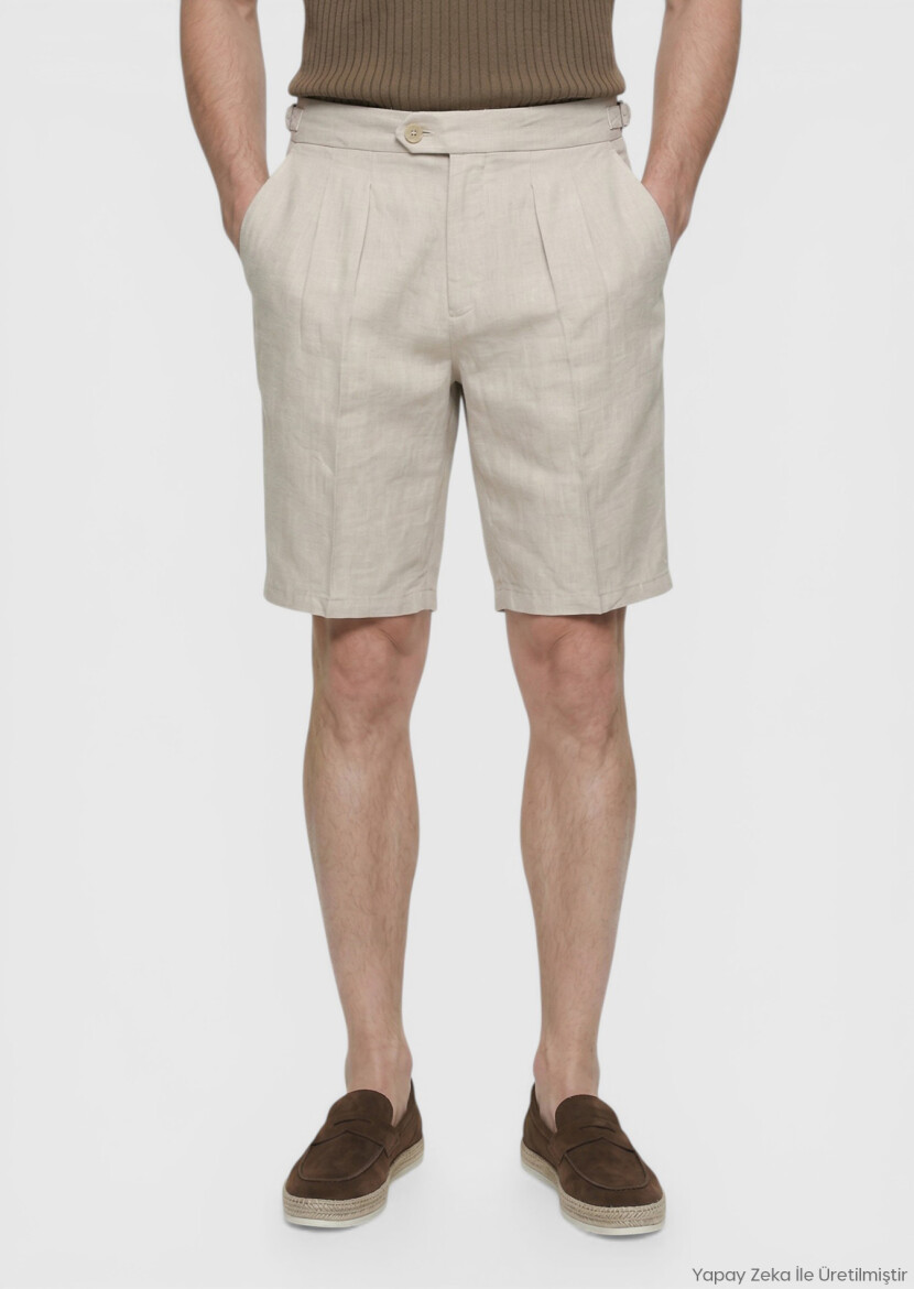 Beige Weaving Carrot Fit Casual 100% Linen Bermuda - RAMSEY
